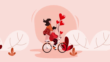 couple on a bike with heart balloons