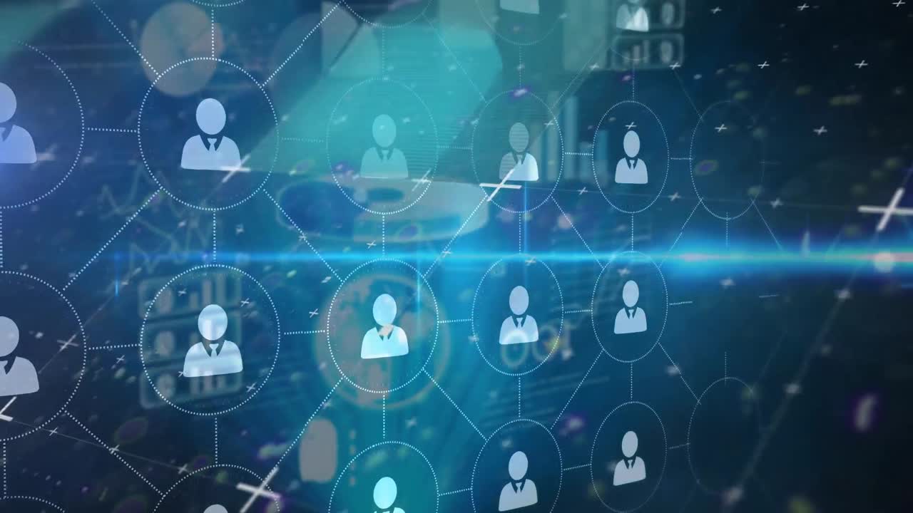 Animation of network of connections with people icons over data processing on grid