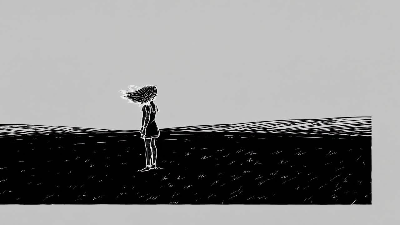 Hand drawn illustration of a young girl standing on a hill, her hair blowing in the wind as she gazes at the horizon, creating a sense of solitude and contemplation in a vast, empty landscape