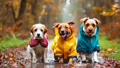 tres perros corriendo bajo la lluvia