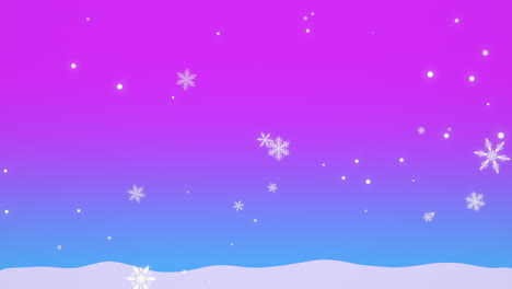 falling white snowflakes and snow on purple sky