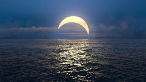 blue sunset and solar eclipse over seamlessly looped ocean.