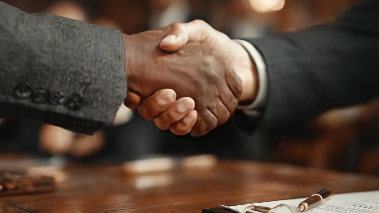 A Close-Up of a Firm Handshake Between Two Business Professionals Signifying Trust, Agreement, and Partnership in a Professional Setting