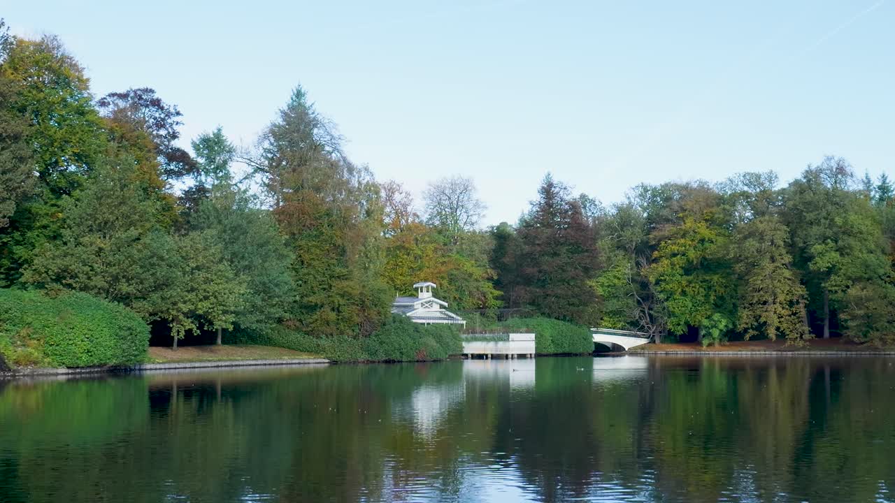 Scenic lake landscape with trees and a small house