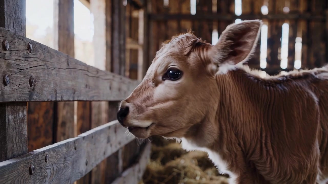 Adorabile vitello allattato a mano con il biberon in una stalla di legno