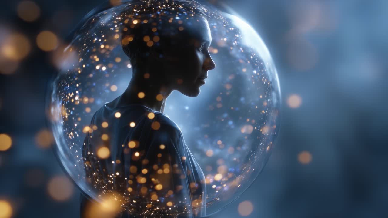 A captivating figure enclosed within a shimmering bubble of light and sparkles, representing the fusion of technology and human essence in a mystical ambiance