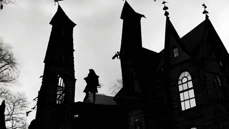 silhouette of a woman standing on a gothic house roof