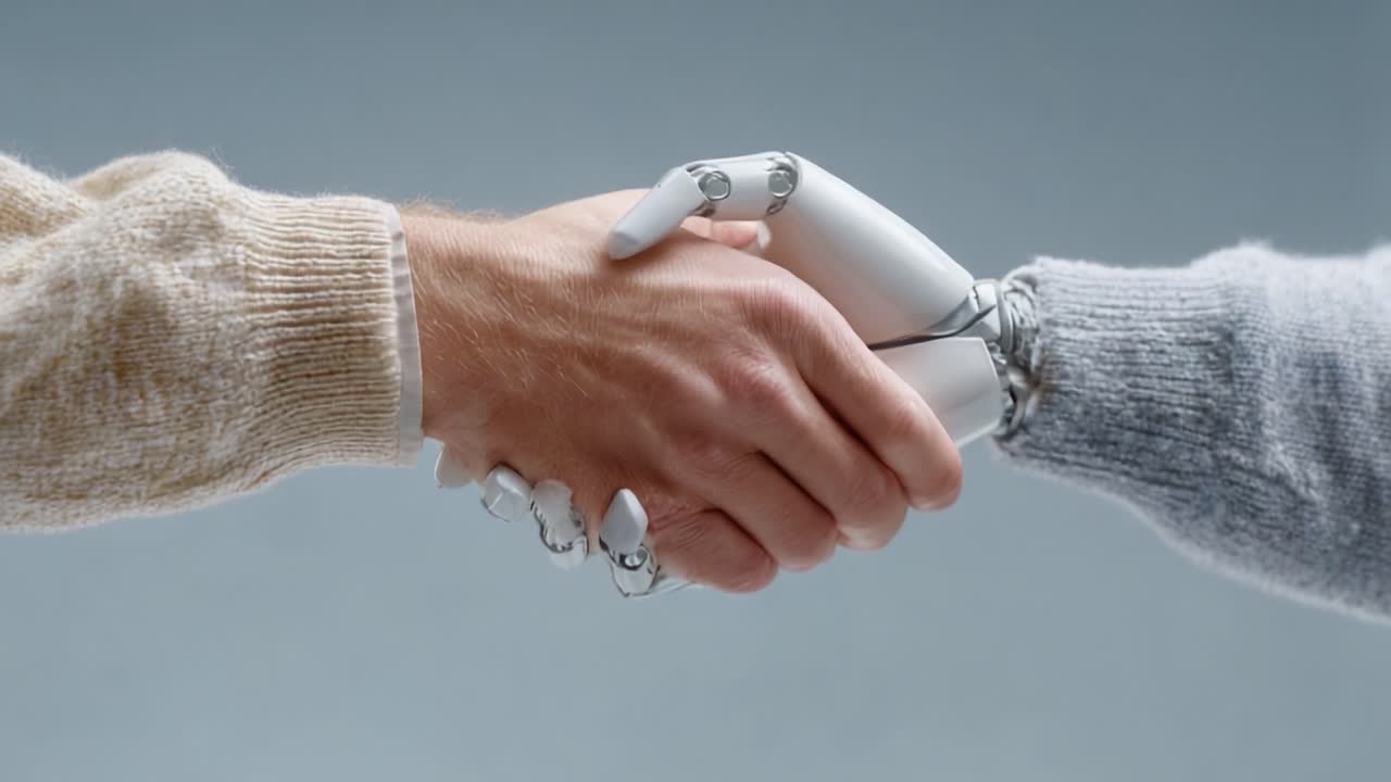 Human and Robot Handshake: A Symbol of Collaboration and Innovation Between Humanity and Advanced Technology in a Futuristic Era