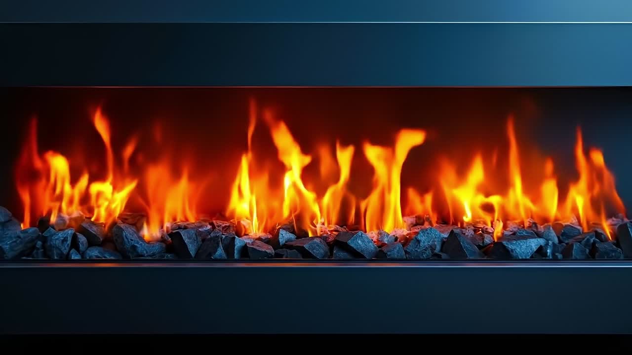 A fireplace with a blue background and a fire in it