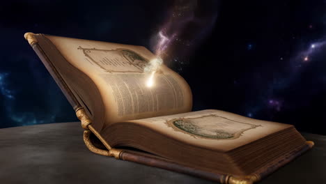 ancient magic book emitting light in cosmic space