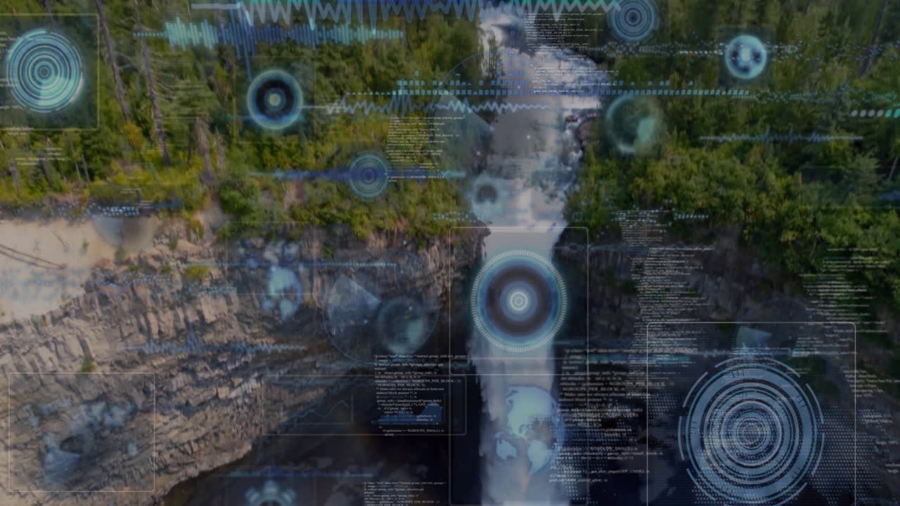 Digital data processing animation overlay on forest waterfall scene