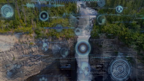 digital data processing animation overlay on forest waterfall scene