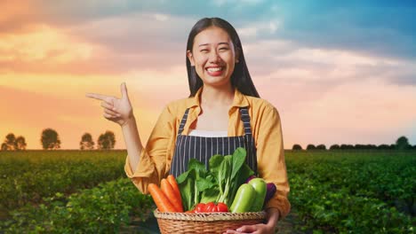 asian female farmer with vegetable basket smile pointing to the side while standing in field