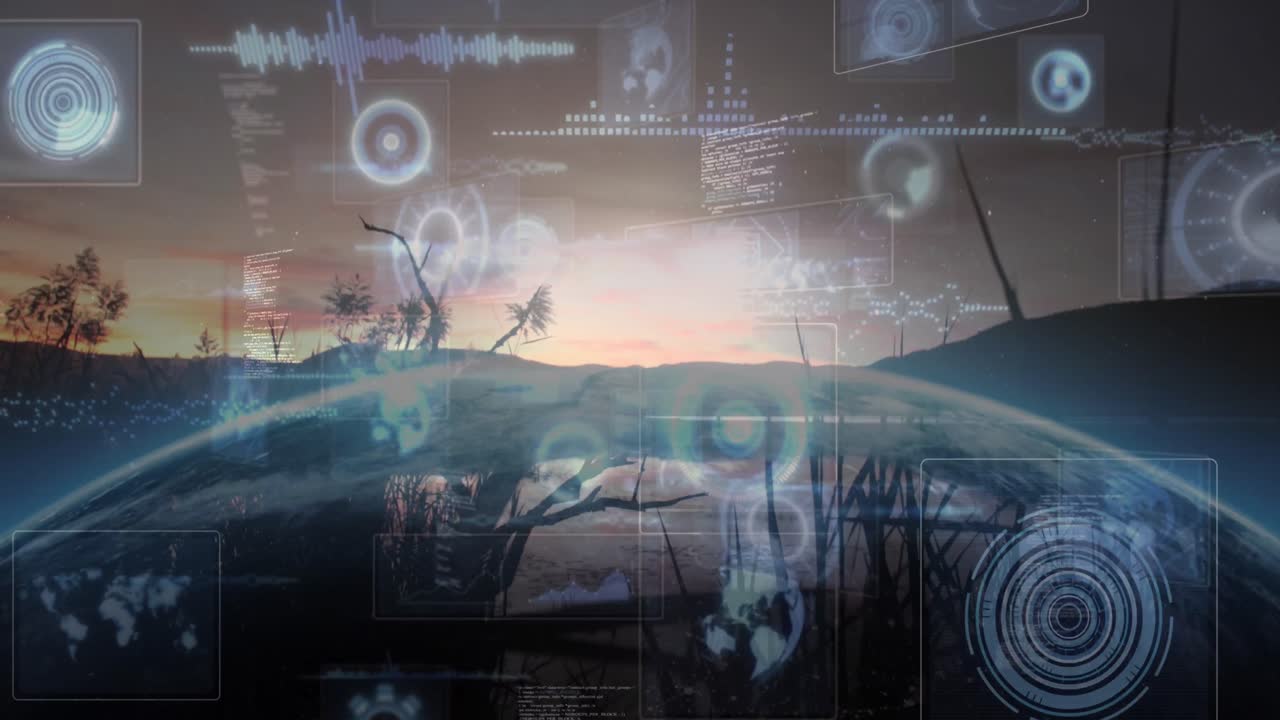 도시 풍경 위의 화면에서 데이터 처리의 애니메이션