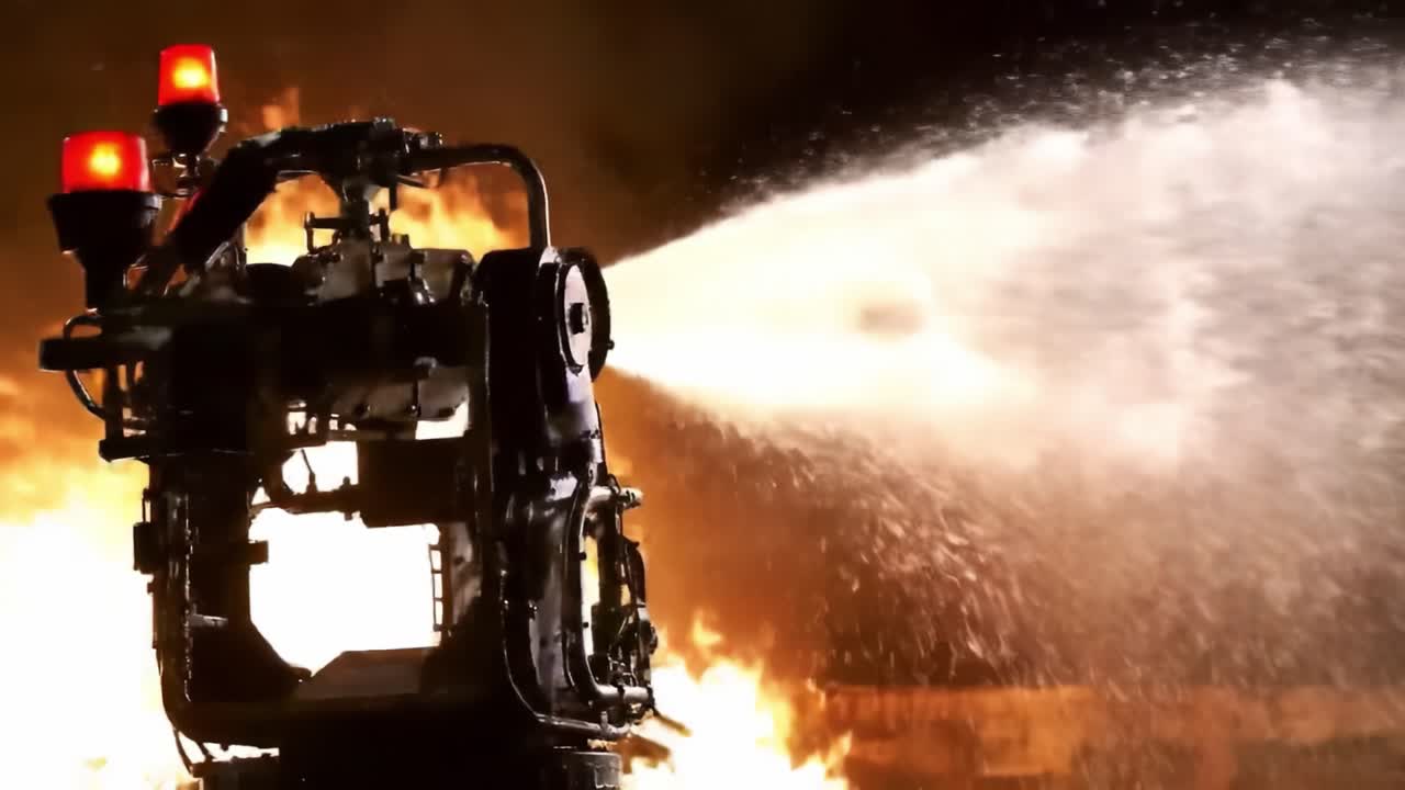 Dynamic Firefighting Equipment in Action: Intense Stream of Water Combats Raging Flames, Showcasing Advanced Technology and Heroic Efforts Against Fire Hazards
