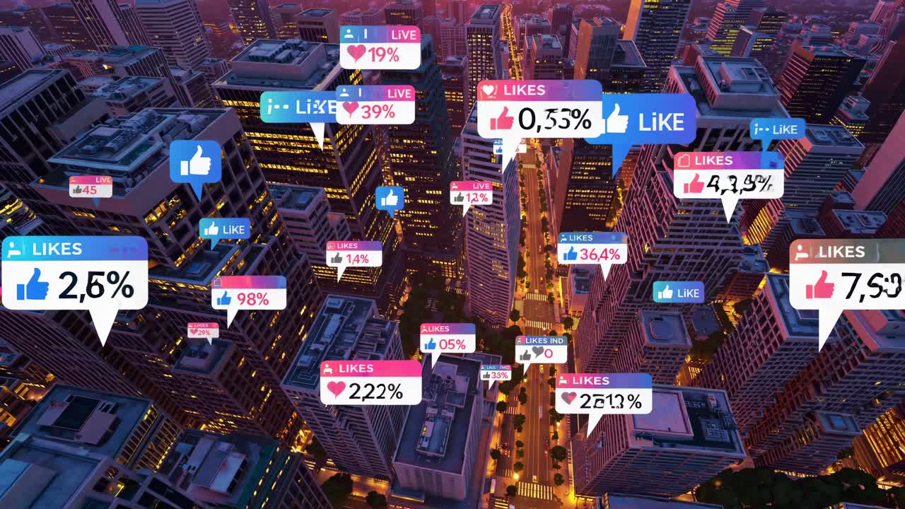 Aerial view of a cityscape at sunset with social media icons floating above buildings