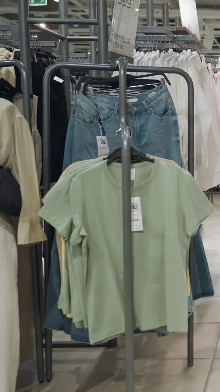 vista en primera persona de una tienda de ropa que muestra una variedad de ropa en estantes, incluidas camisas, chaquetas y vaqueros. se ve a una dama y un niño pequeño comprando en la tienda