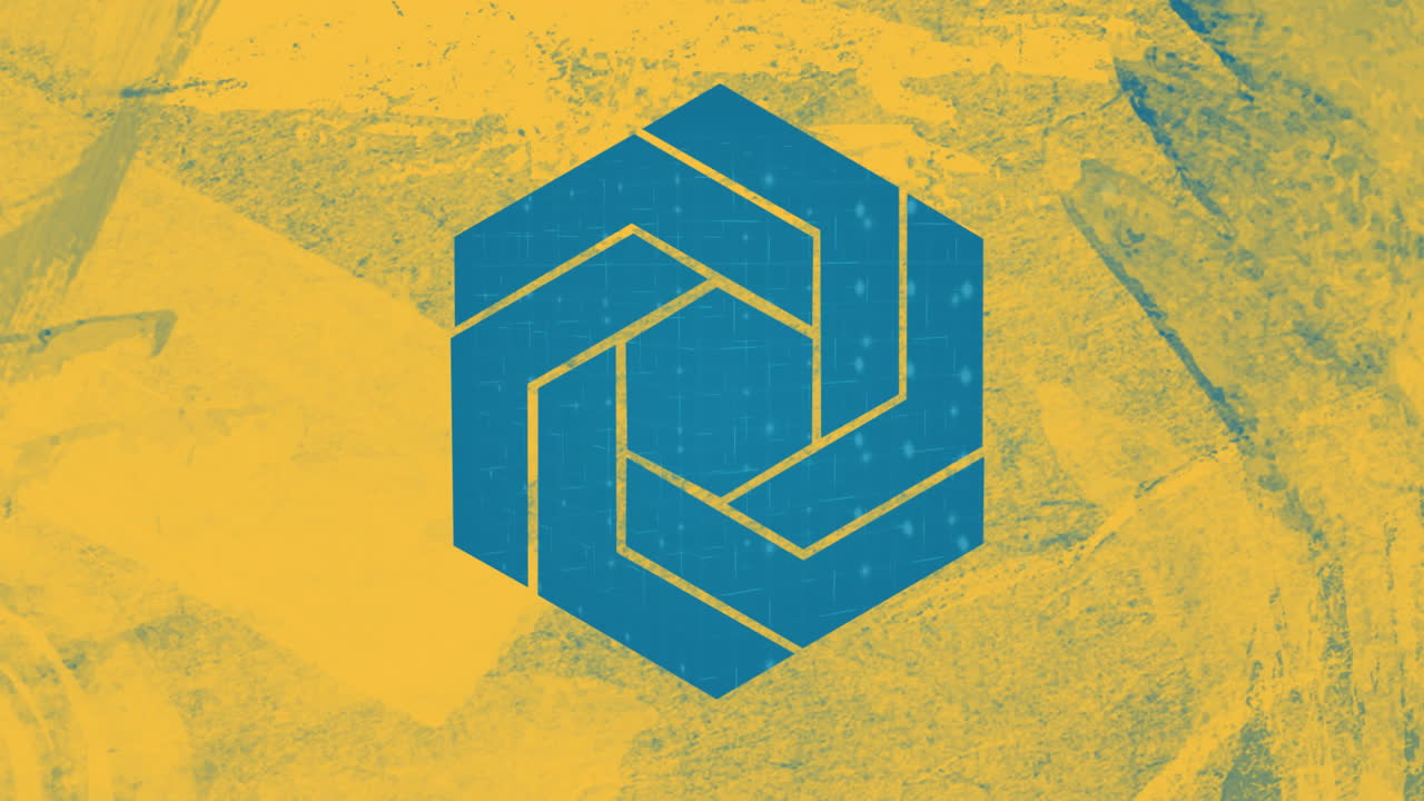 Blue geometric hexagon animation on yellow textured background