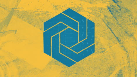 blue geometric hexagon animation on yellow textured background