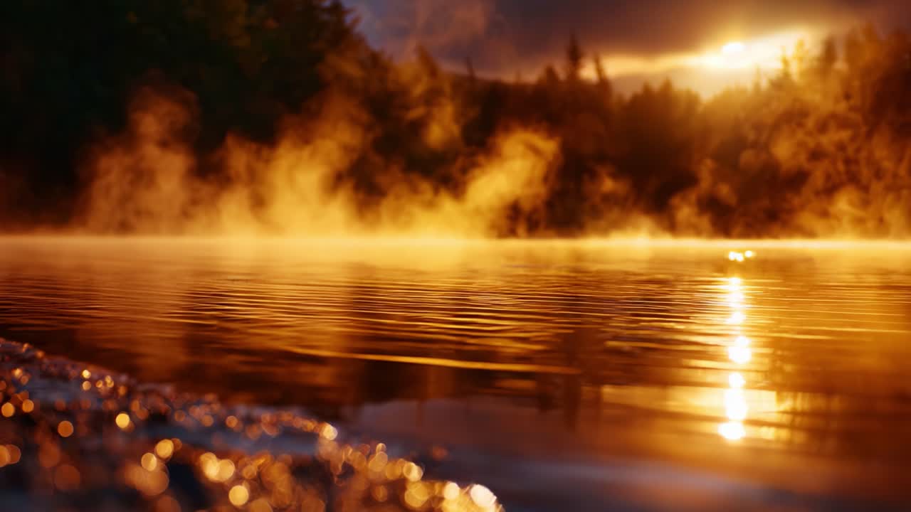 Serene Sunset Over Golden Waters: A Tranquil Reflection of Nature's Beauty with Mist and Glimmering Light Creating a Captivating Atmosphere