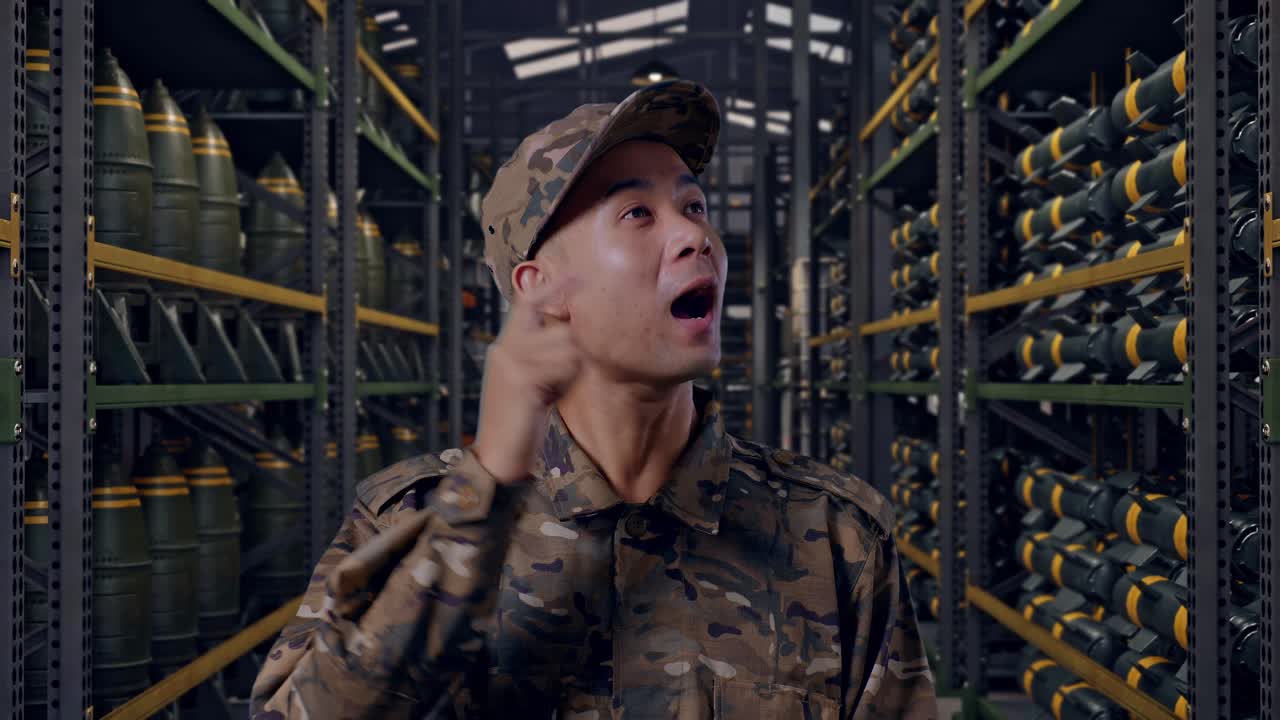 Primo piano di un soldato asiatico che pensa e si guarda intorno, poi alza l'indice mentre si trova in un magazzino militare di munizioni