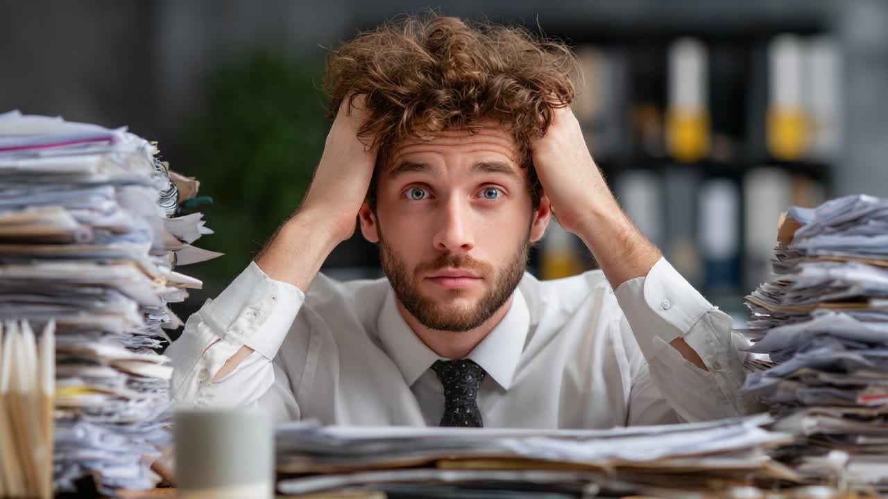 Amidst a Mountain of Paperwork, a Frustrated Professional Struggles to Cope with Overwhelming Stress and Disorganization in the Work Environment