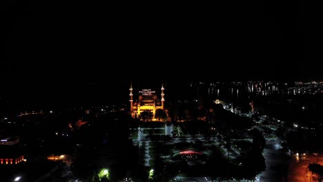 aerial night view of blue mosque and sultanahmet square. 4k footage in turkey
