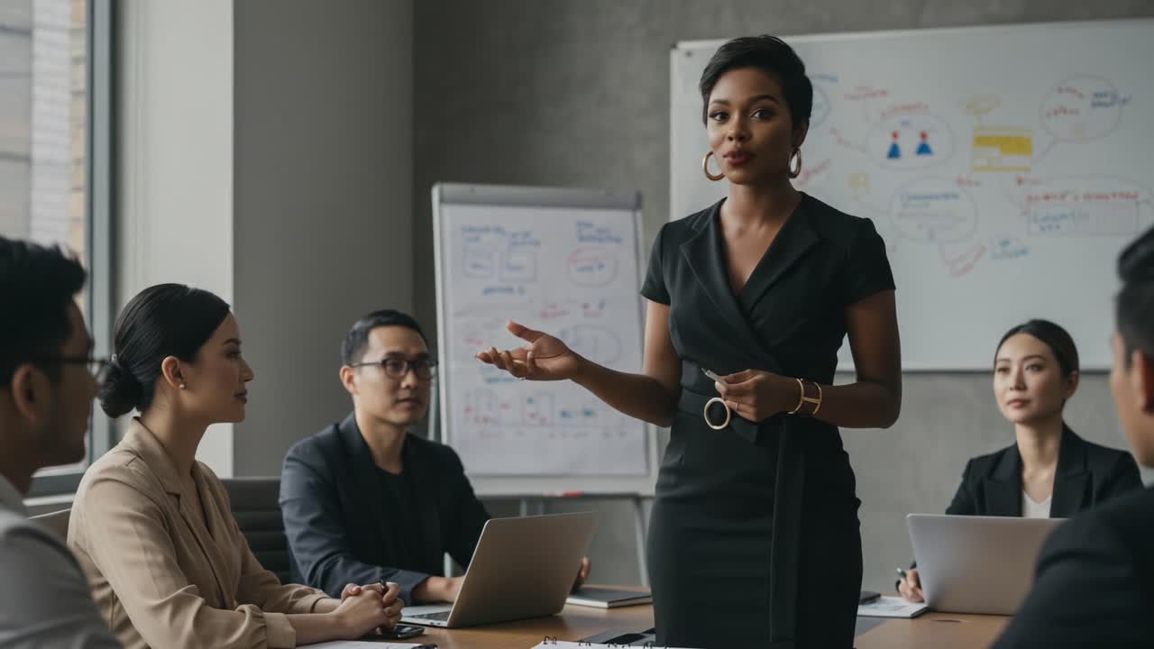 A Confident Woman Leading a Strategy Meeting and Engaging Team Members with Insightful Discussions in a Modern Office Environment