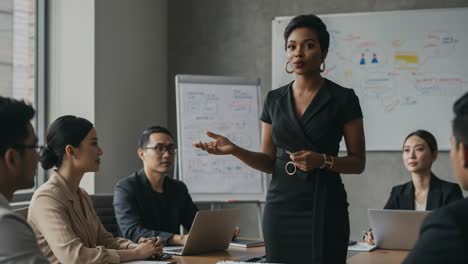 a confident woman leading a strategy meeting and engaging team members with insightful discussions in a modern office environment