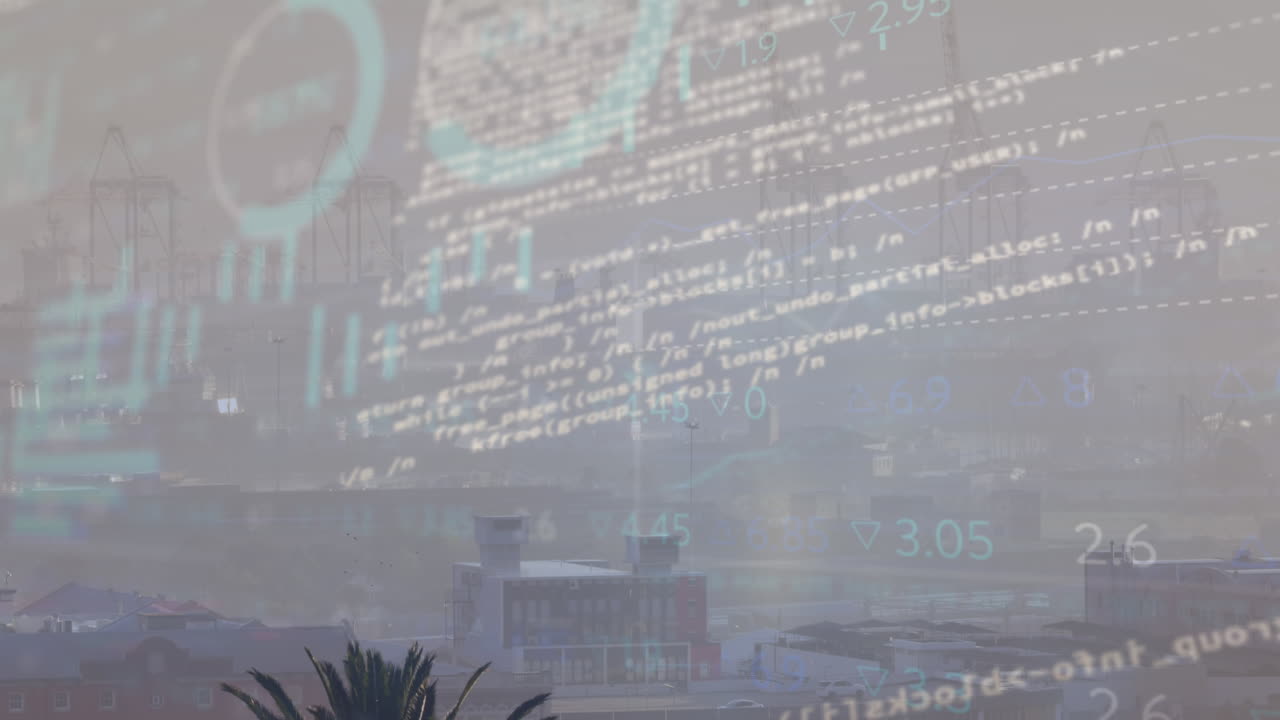 animación del procesamiento de datos financieros sobre el paisaje urbano
