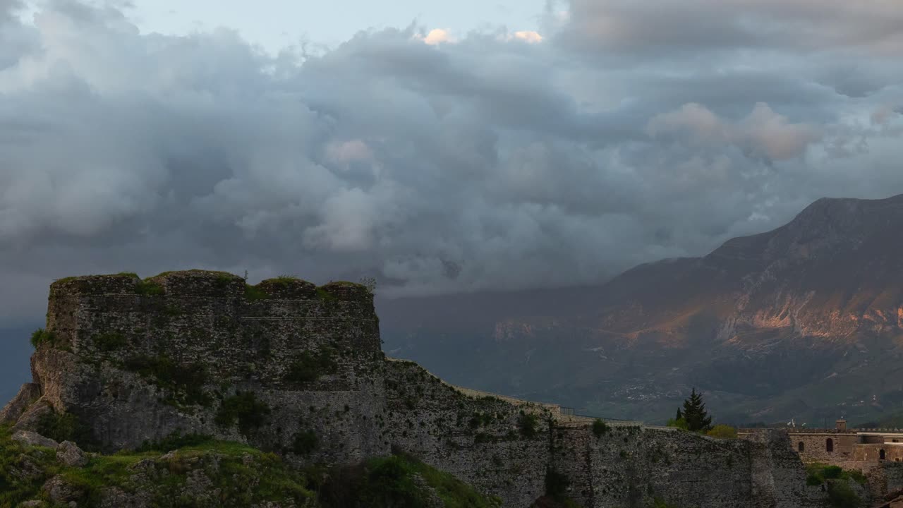 Timelapse of old fortress in Gjirokastër, Albania with cloudy skies