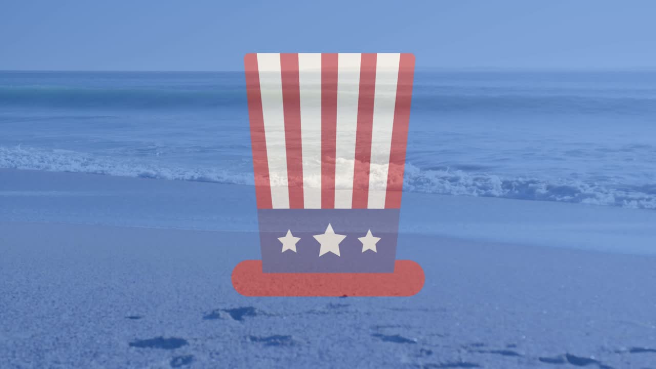 빨간색,  ⁇ 색, 파란색 의 원 과 미국  ⁇ 발 의 해변 과 바다 위 에 있는 모자