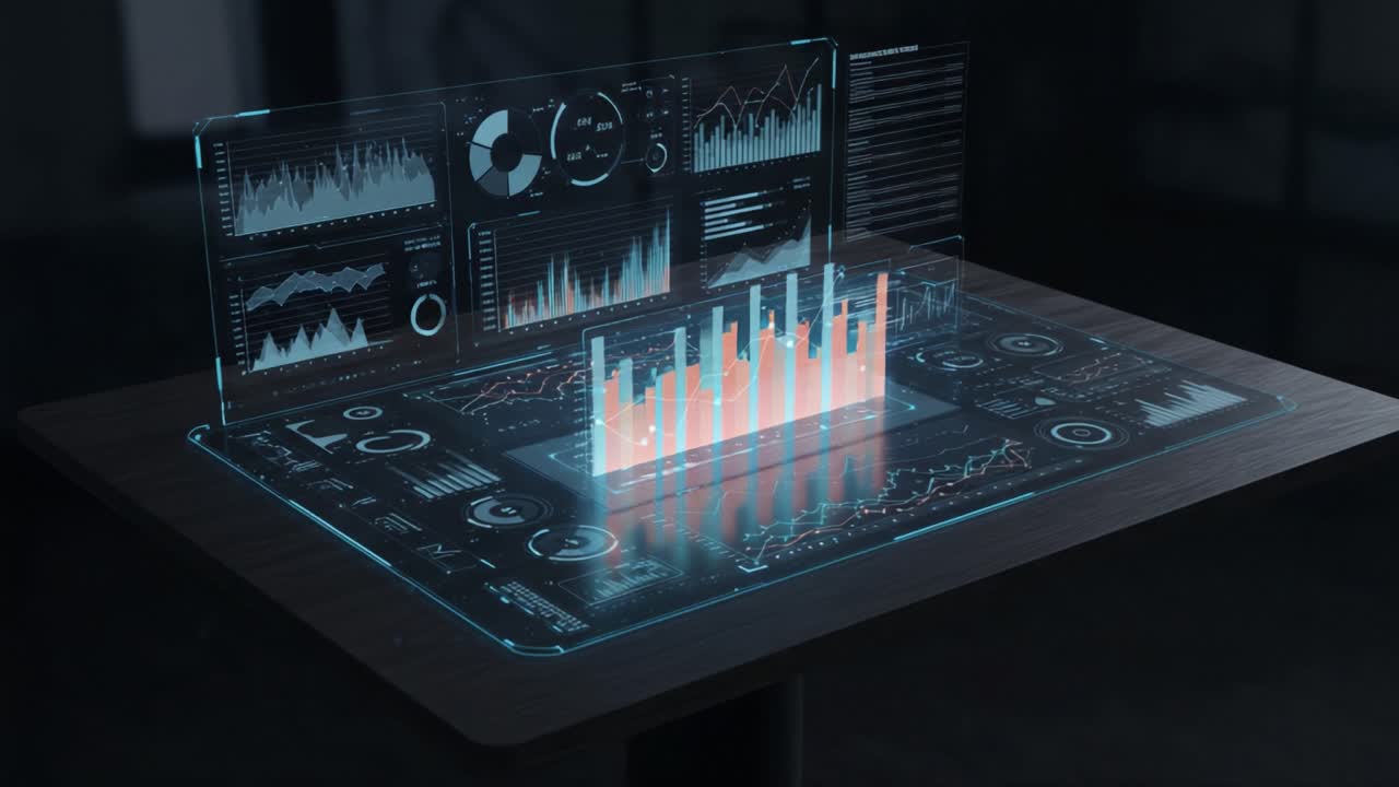 Innovative Data Visualization Concept: A High-Tech Interactive Dashboard Displaying Detailed Analytics and Performance Metrics in a Modern Workspace Environment