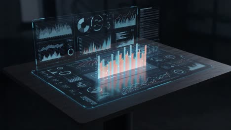 innovative data visualization concept: a high-tech interactive dashboard displaying detailed analytics and performance metrics in a modern workspace environment
