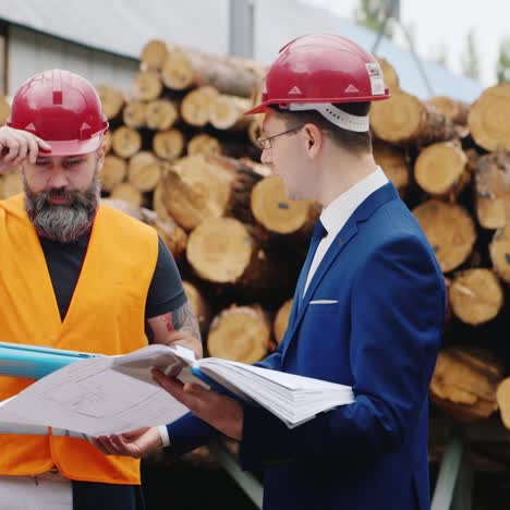 Two-engineers-study-the-drawings-with-scaffolding-in-the-background-5