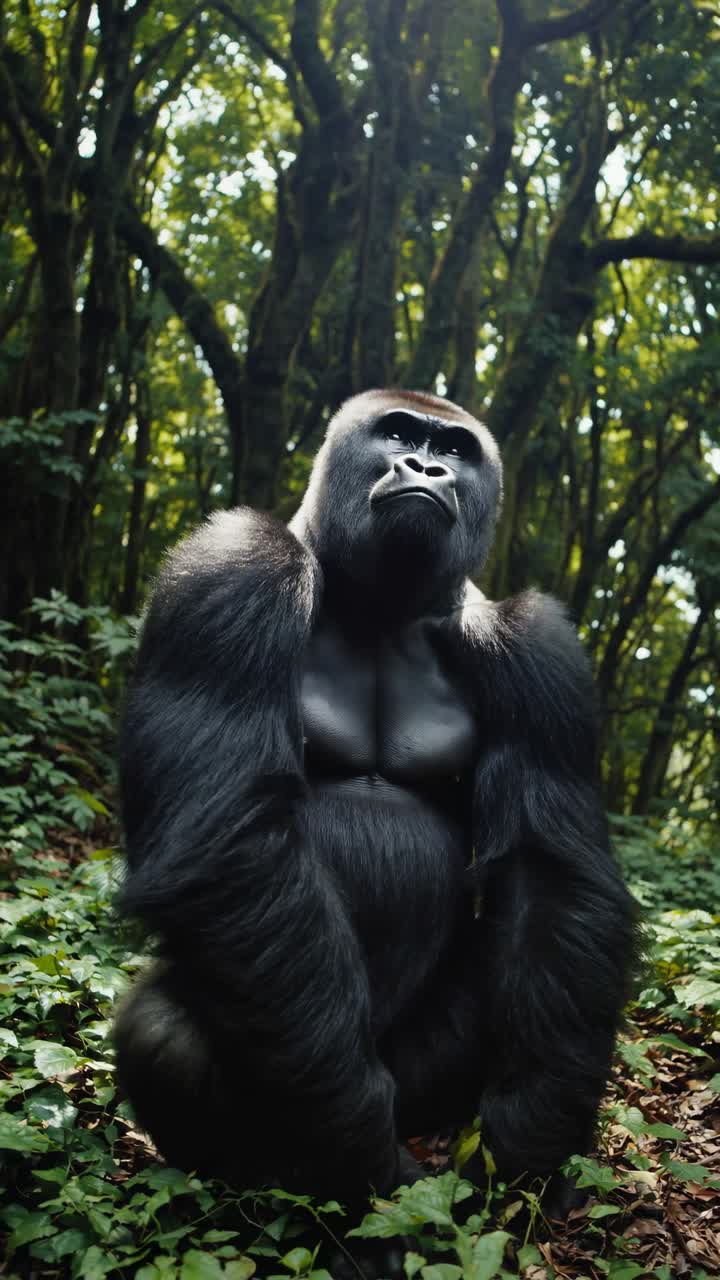 Kraftfuld silverback gorilla hviler i sit naturlige skovhabitat