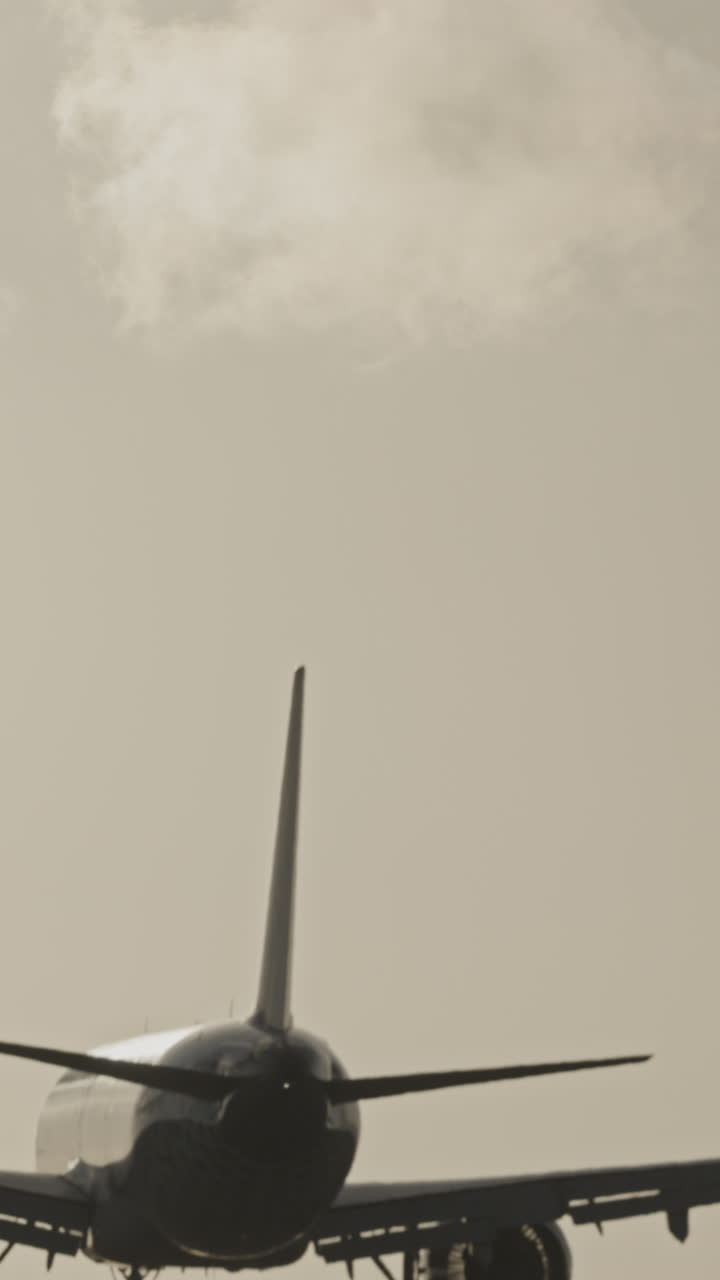 Avión volando en dirección al aeropuerto para aterrizar a cámara superlenta al atardecer en vertical