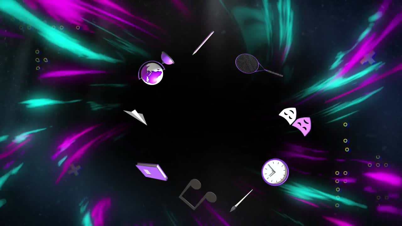 animación de iconos educativos con espacio de copia sobre senderos de luz en fondo negro