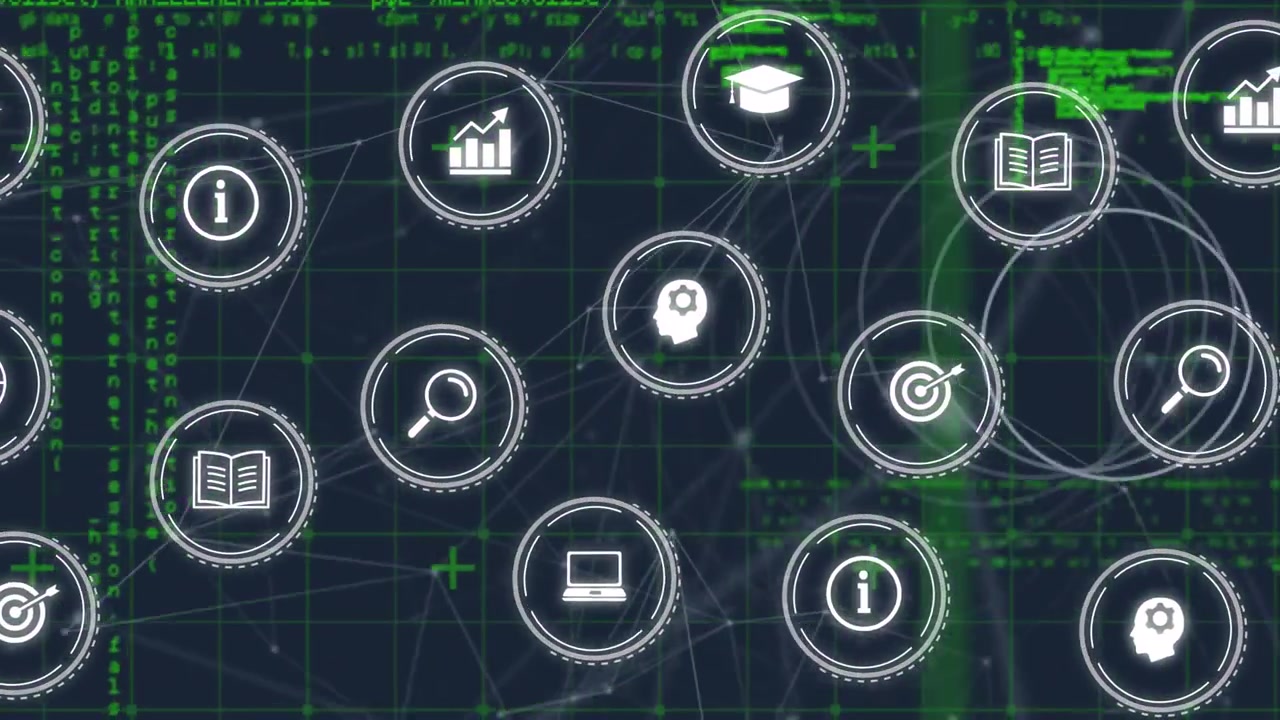 Animation of network of connections with icons over black background
