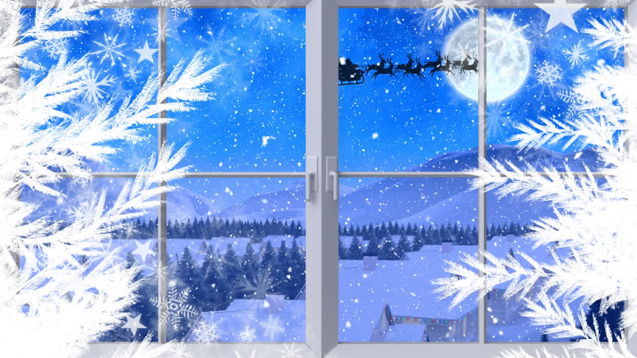산타클로스의 실루 ⁇ 을 배경으로 두 개의 크리스마스 트리와 창문 프레임의 디지털 애니메이션