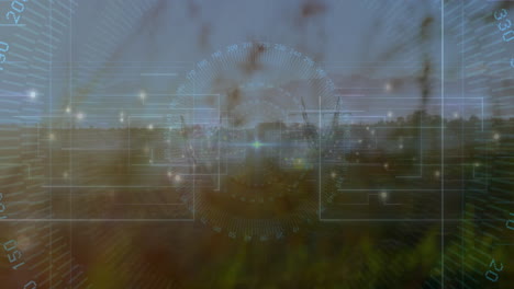 animation showing data metrics overlay on industrial landscape at dusk