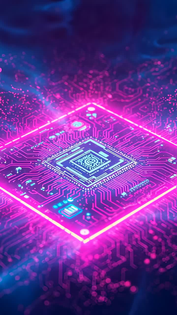 Vertical video: Pulsing neon rim causing core die glowing, showing traces on PCB with cyan pads