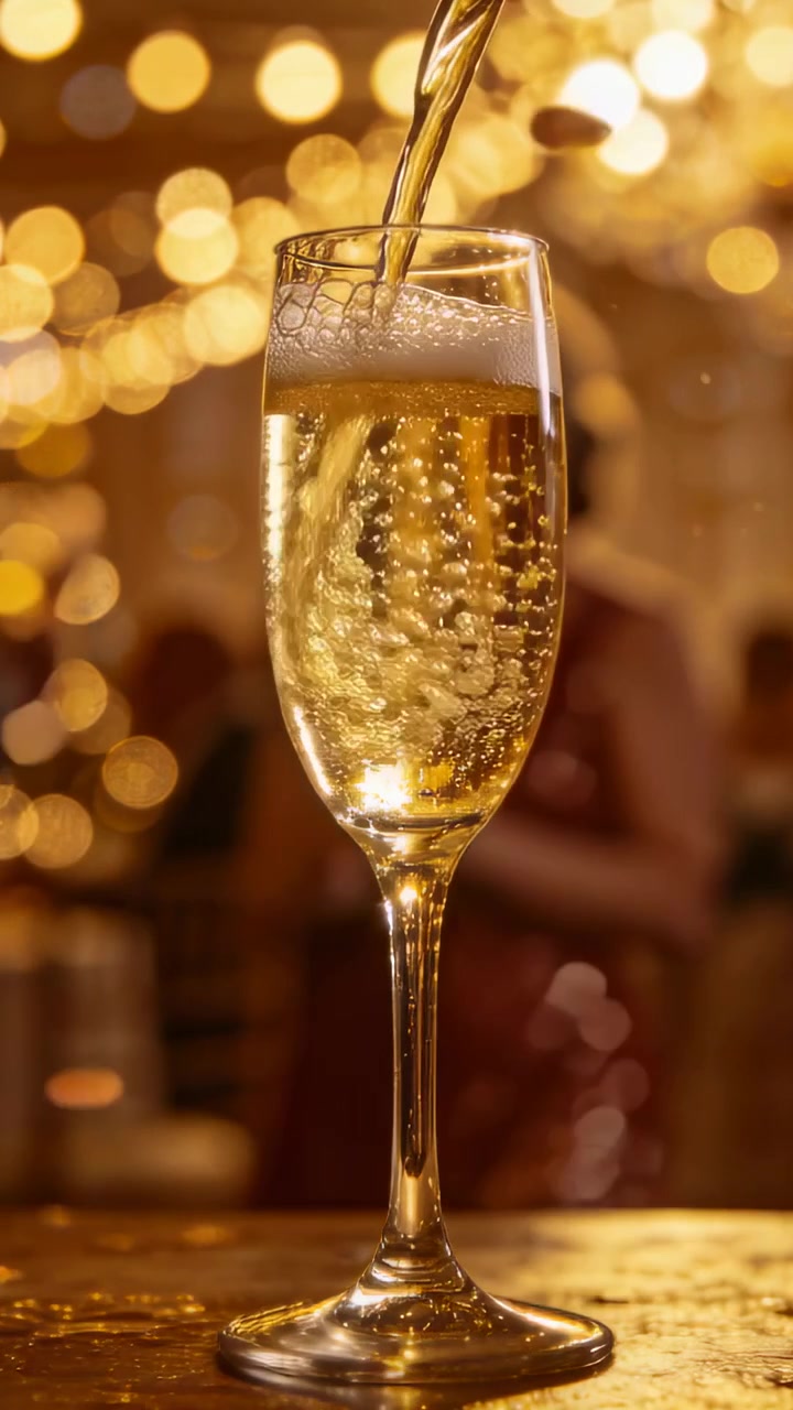 Video verticale: Un flusso riempie un flute di champagne centrato a una festa, con invitati vestiti che brindano.