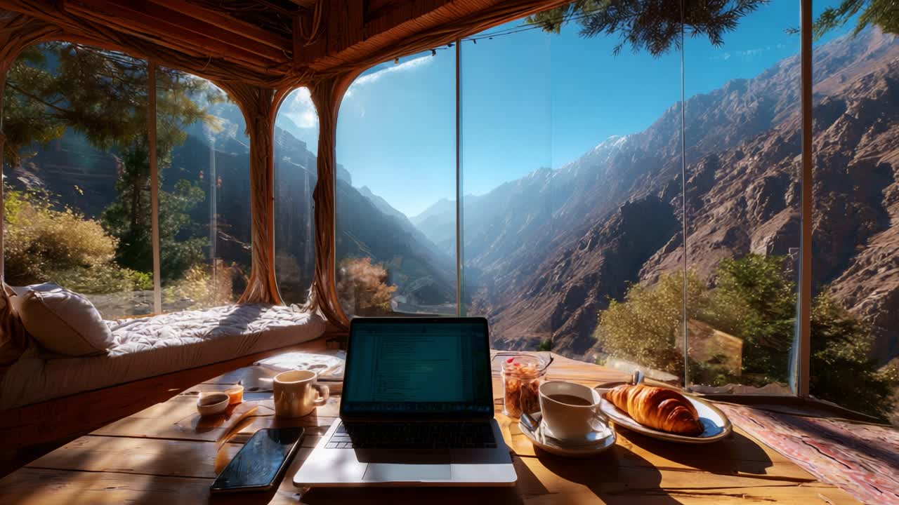 A Serene Workspace Amidst Majestic Mountains: Enjoying Breakfast with Breathtaking Views through Large Windows in a Cozy Cabin Setting