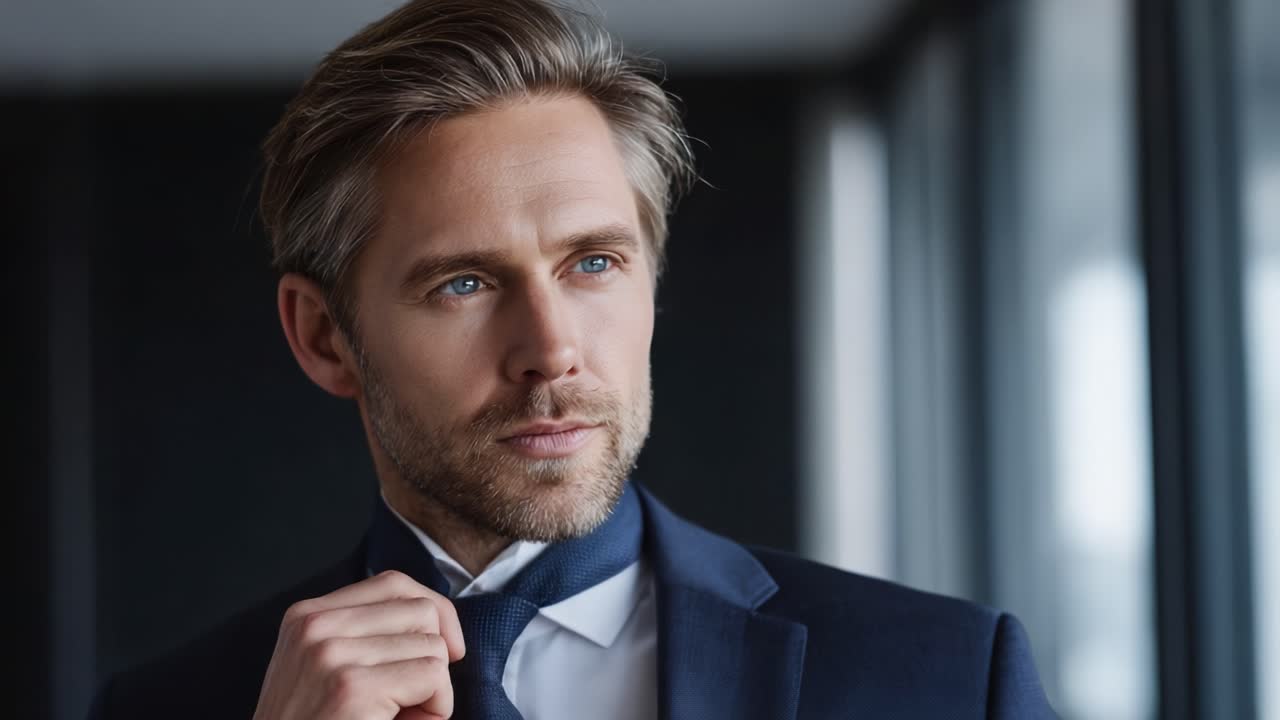 Elegant Man Adjusting His Tie in a Modern Setting, Exuding Confidence and Style with a Professional Look in a Contemporary Environment