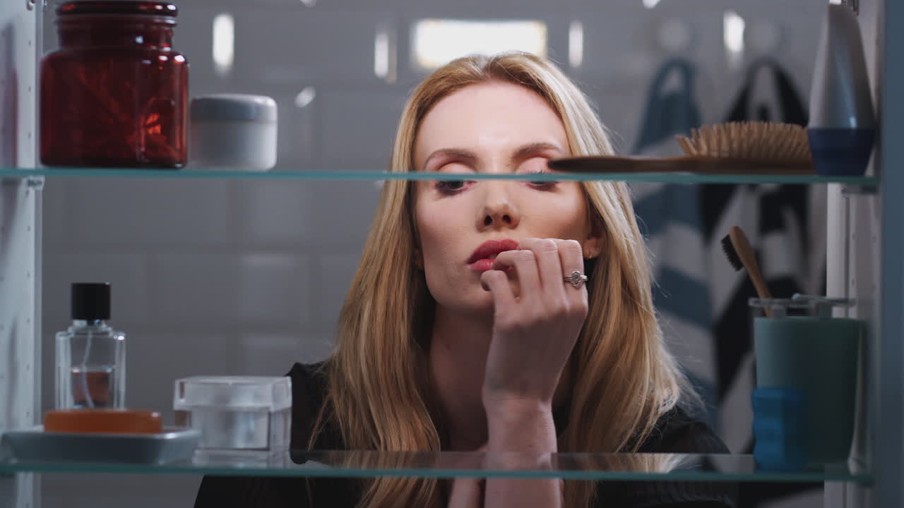 vista a través del armario del baño de una joven mujer de negocios estresada que parece infeliz