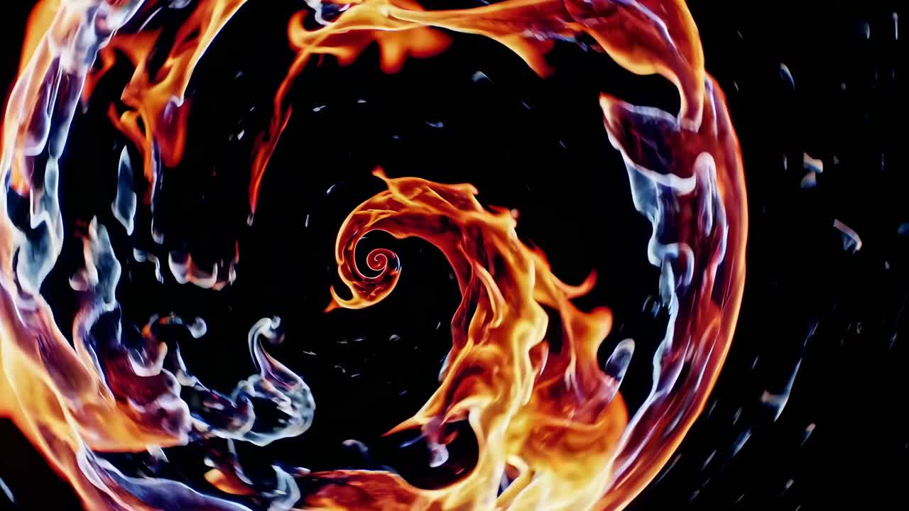 Fermo immagine dinamico di fuoco e acqua vorticosi, ripreso dall'alto, che mostra un contrasto drammatico