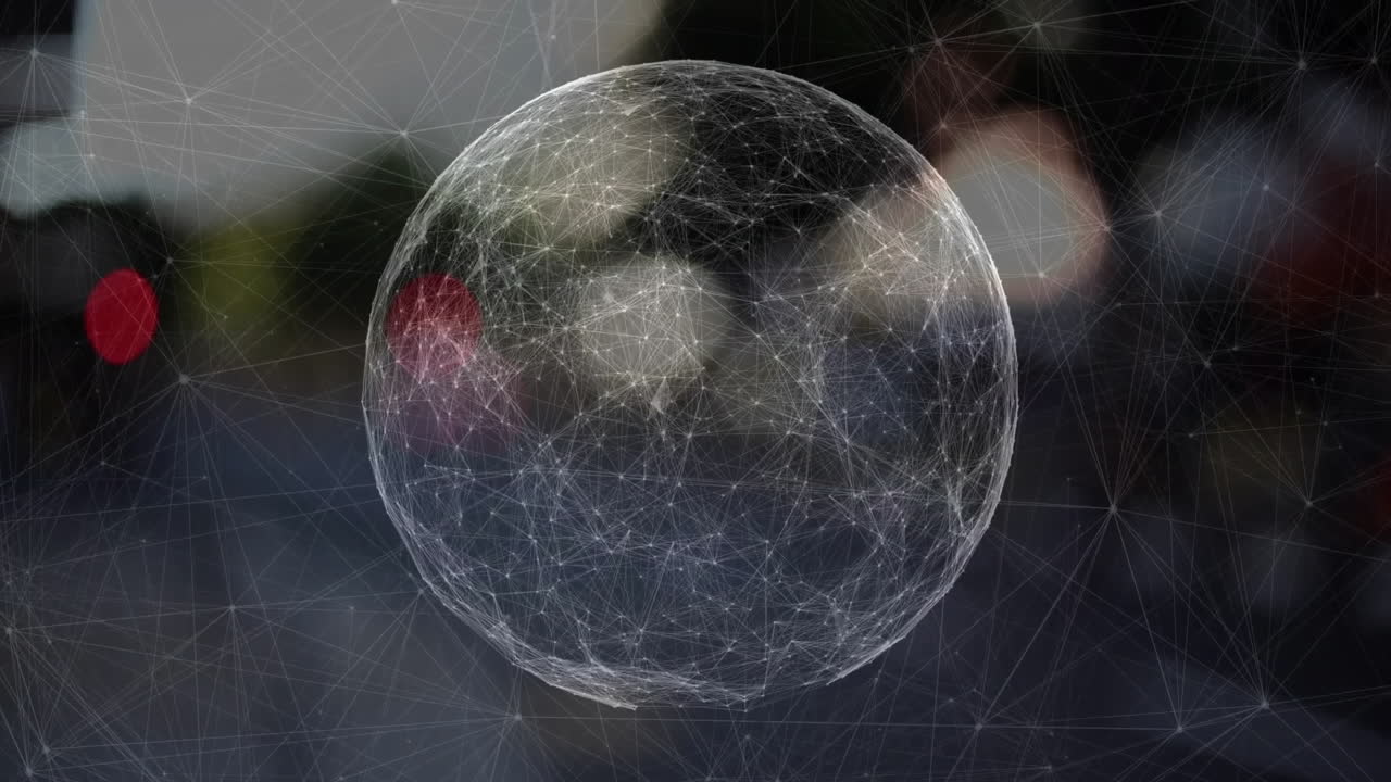 3D wireframe sphere rotating in dark scene, with glowing mesh lines and blurred node lights
