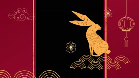 Animation-of-chinese-traditional-decorations-with-rabbit-on-red-background