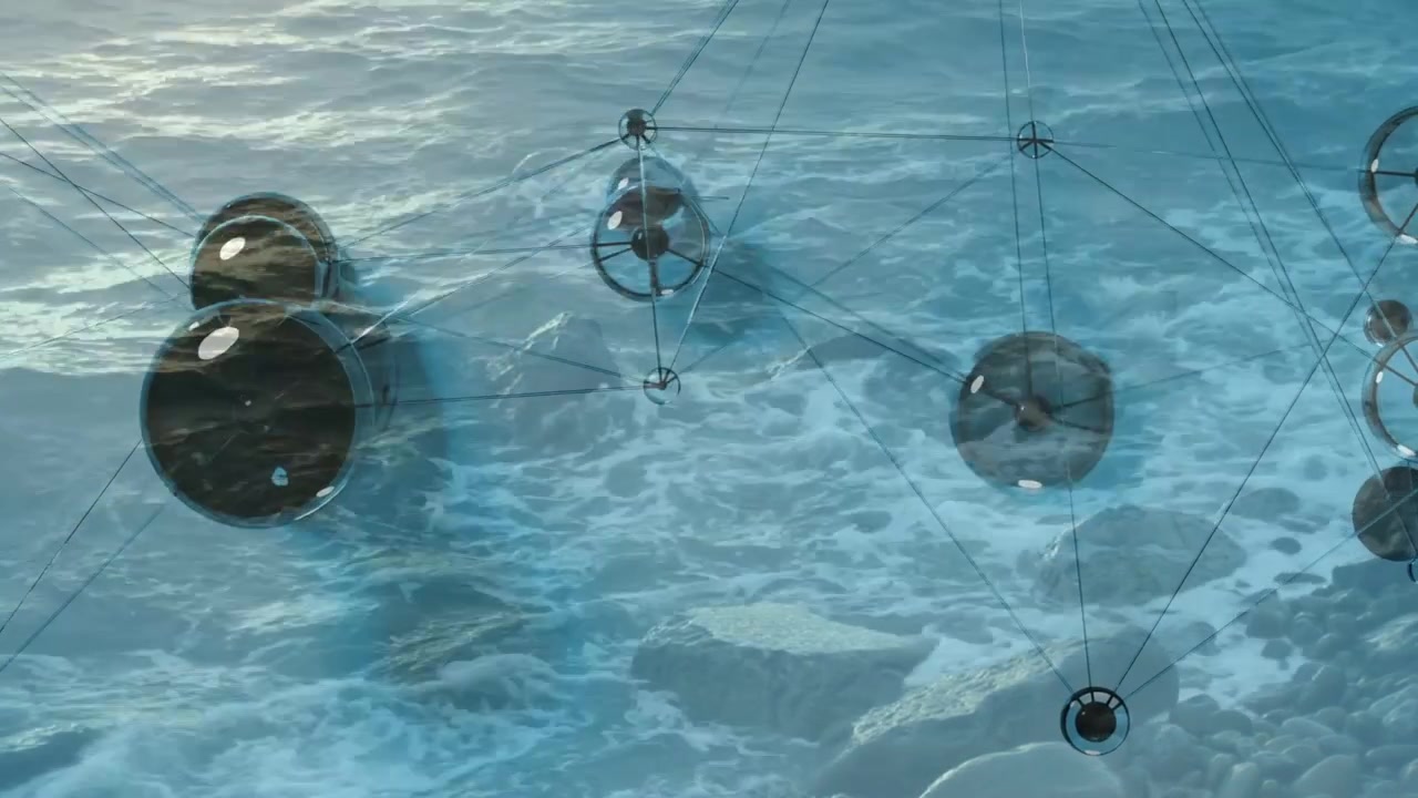 Esferas apareciendo sobre el mar, nodos desplazándose a la derecha, girando, remodelando líneas, visualizando la red.